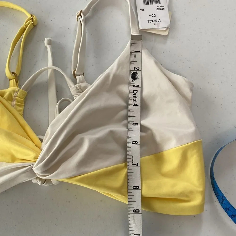 L*Space Ringo Swim Bikini Top Separates Yellow White Twisted Knot Front DD Cup